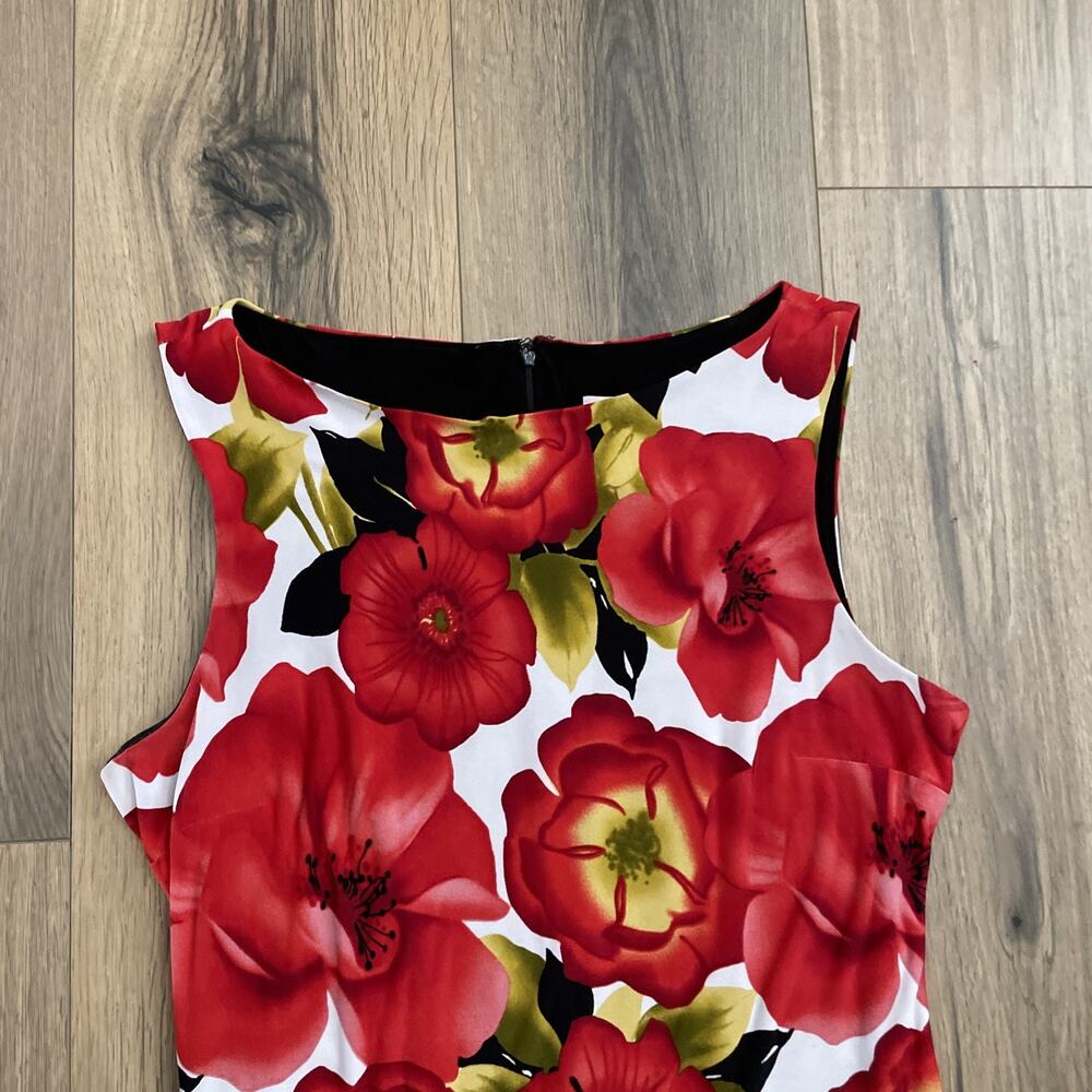 Cache Womens Sleeveless Red Floral Leopard Trim Sheath Dress Size 8 Slinky Knit - Picture 2 of 9